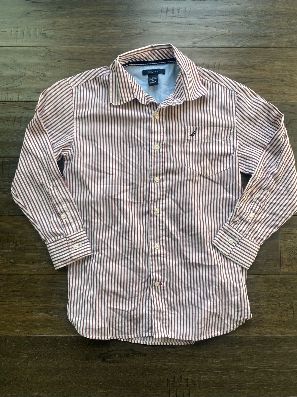 Nautica Red and White Striped Button-Down Shirt Boys Sz 10 Regular